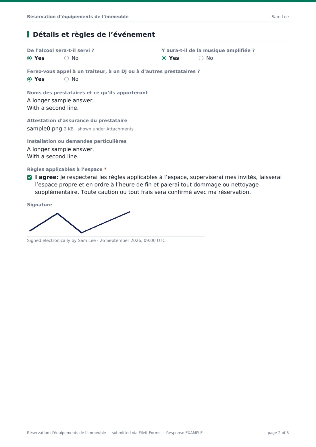 Réservation d’équipements de l’immeuble — exemple de réponse au format PDF, page 2 sur 3