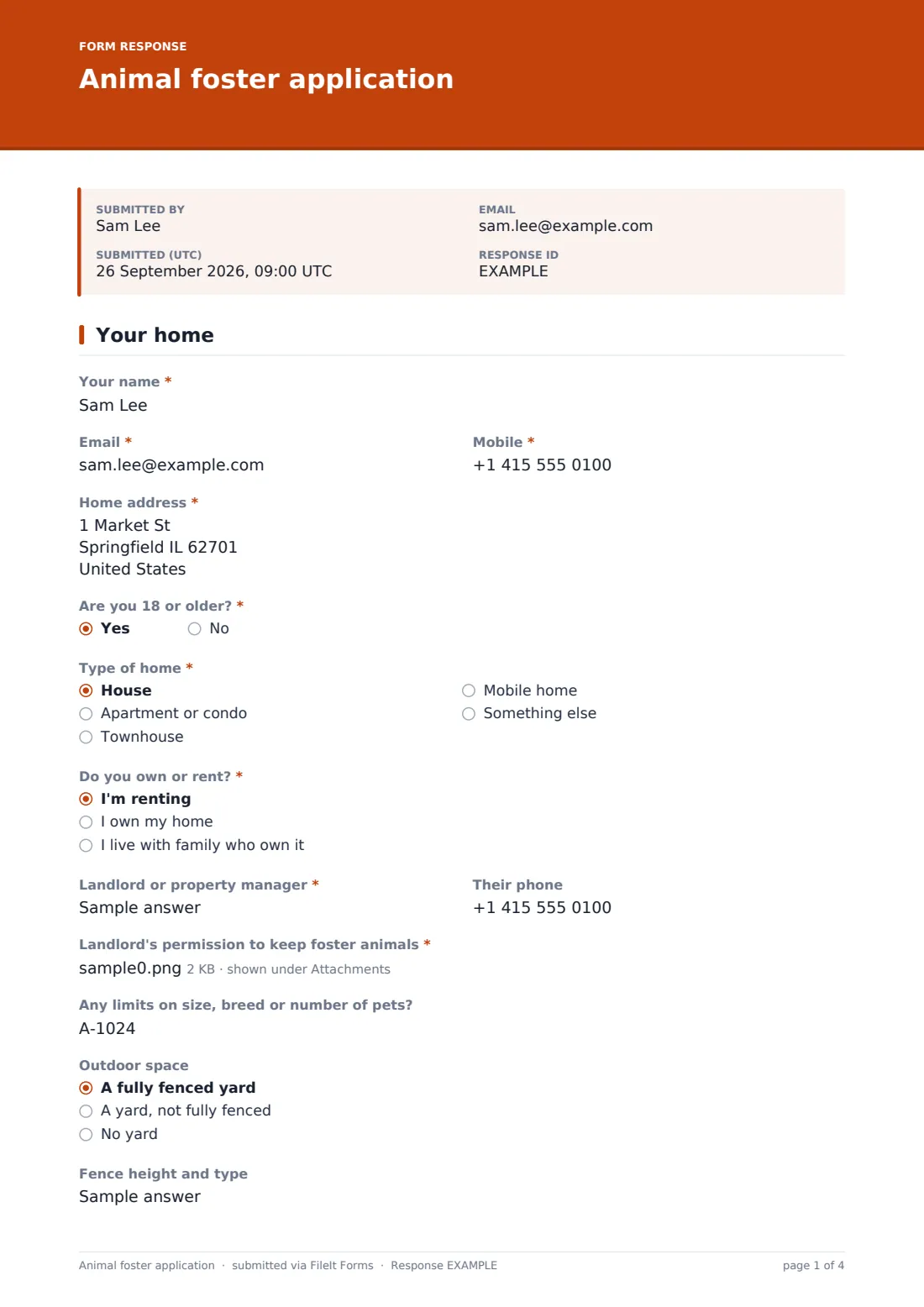 Animal foster application — example response PDF, page 1 of 4