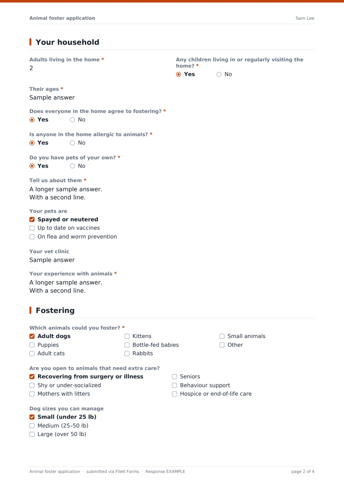 Animal foster application — example response PDF, page 2 of 4