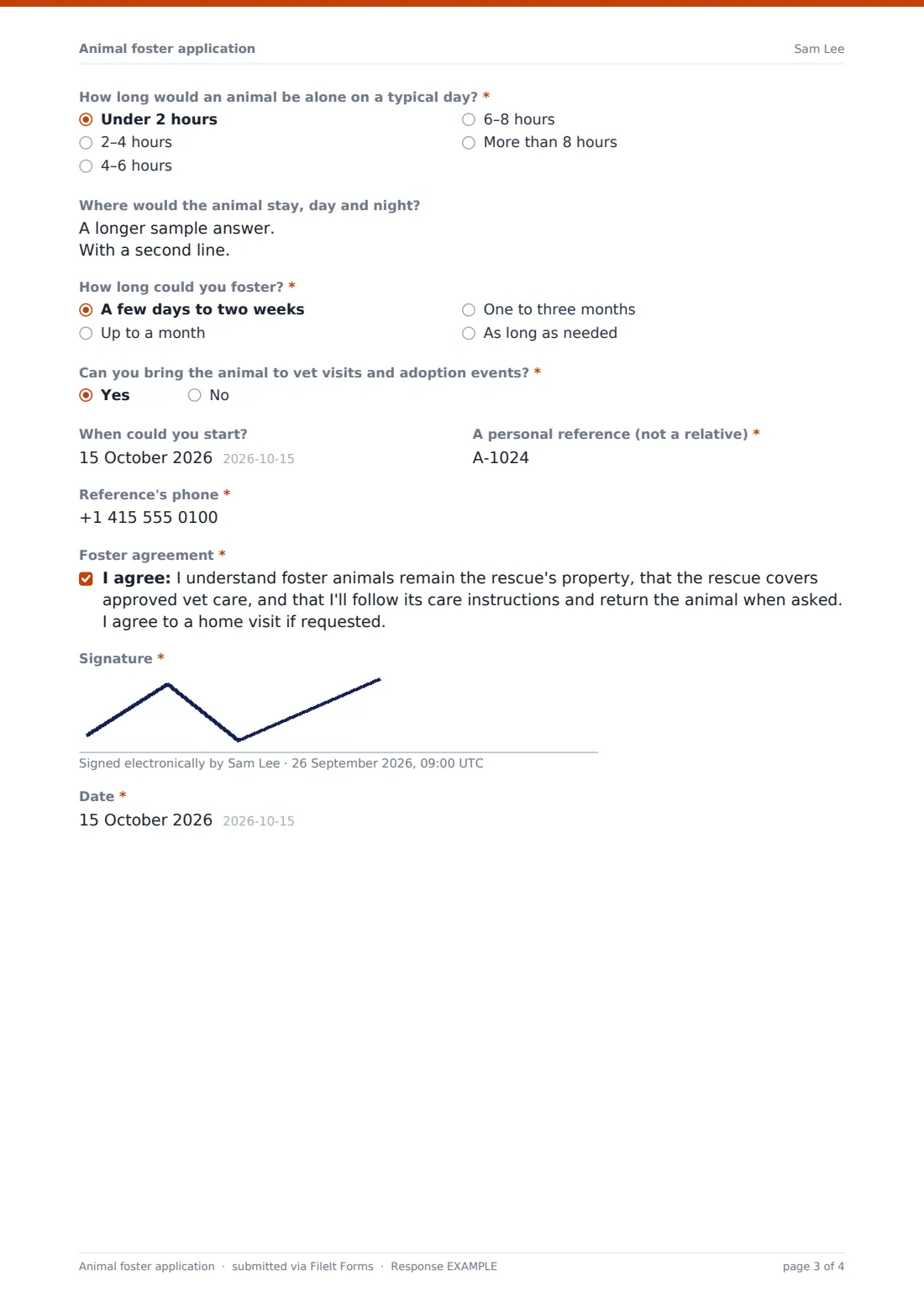Animal foster application — example response PDF, page 3 of 4