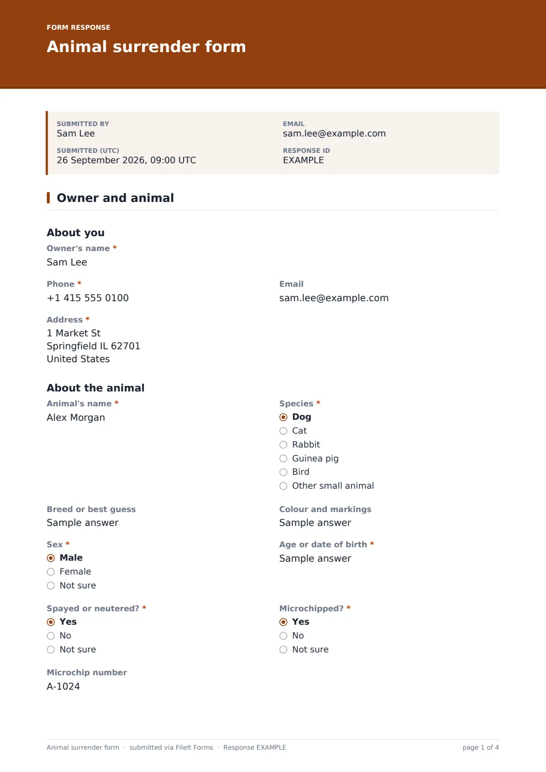 Animal surrender form — example response PDF, page 1 of 4