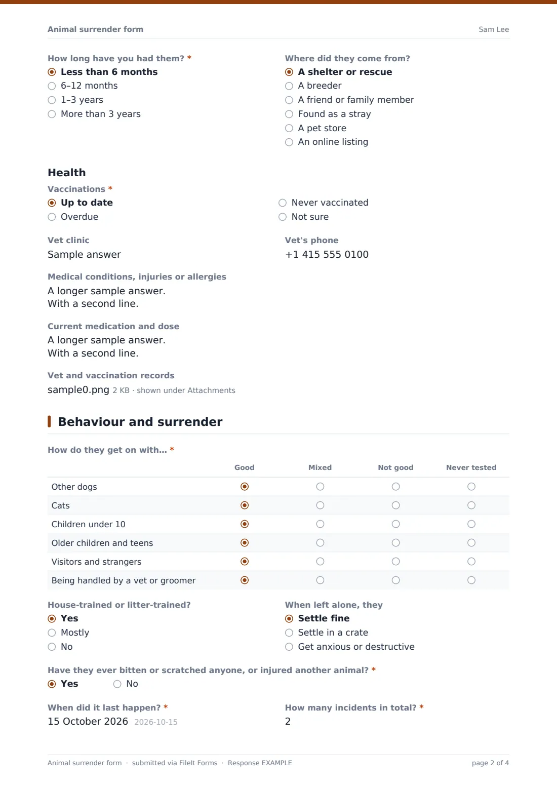 Animal surrender form — example response PDF, page 2 of 4