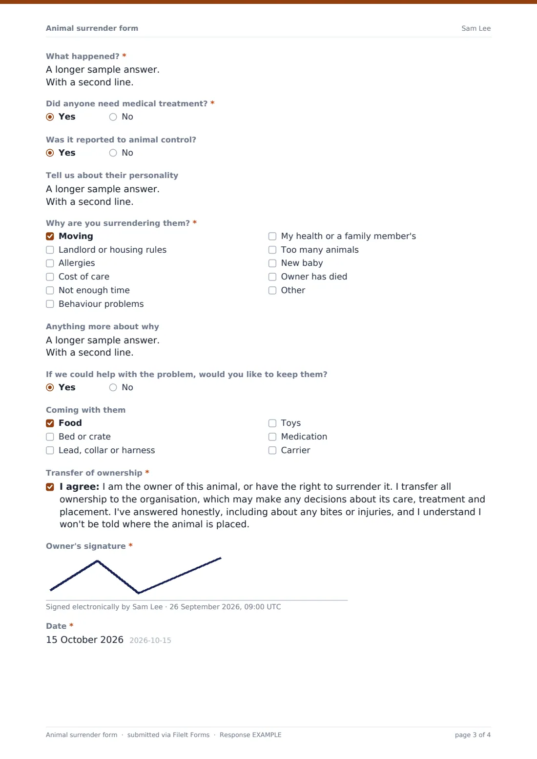 Animal surrender form — example response PDF, page 3 of 4