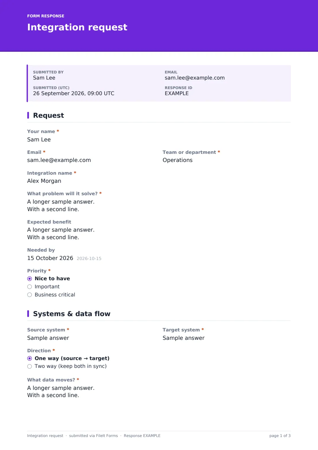Integration request — example response PDF, page 1 of 3
