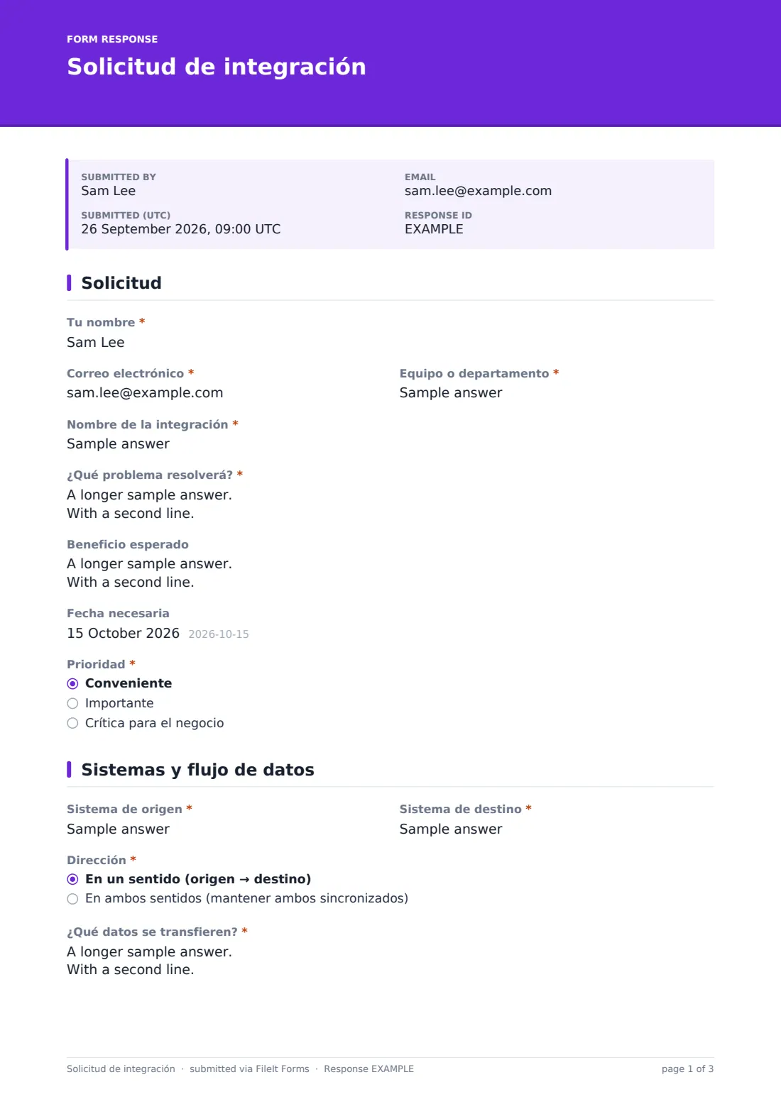 Solicitud de integración — PDF de respuesta de ejemplo, página 1 de 3