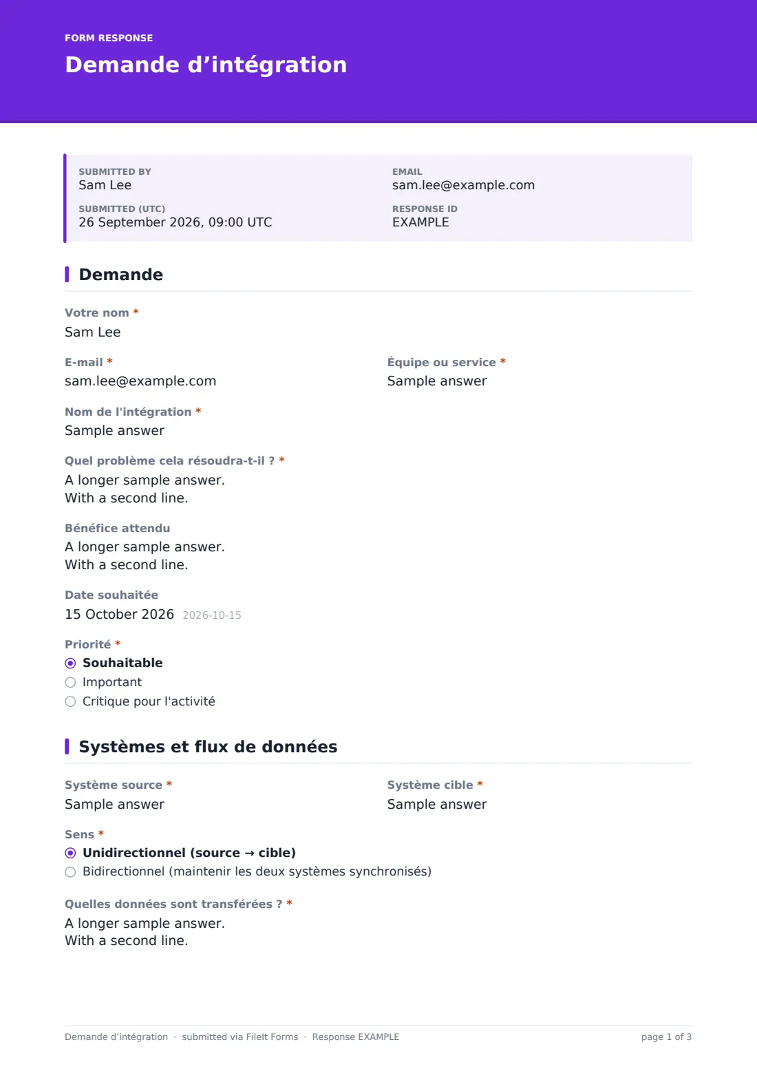 Demande d’intégration — exemple de réponse au format PDF, page 1 sur 3
