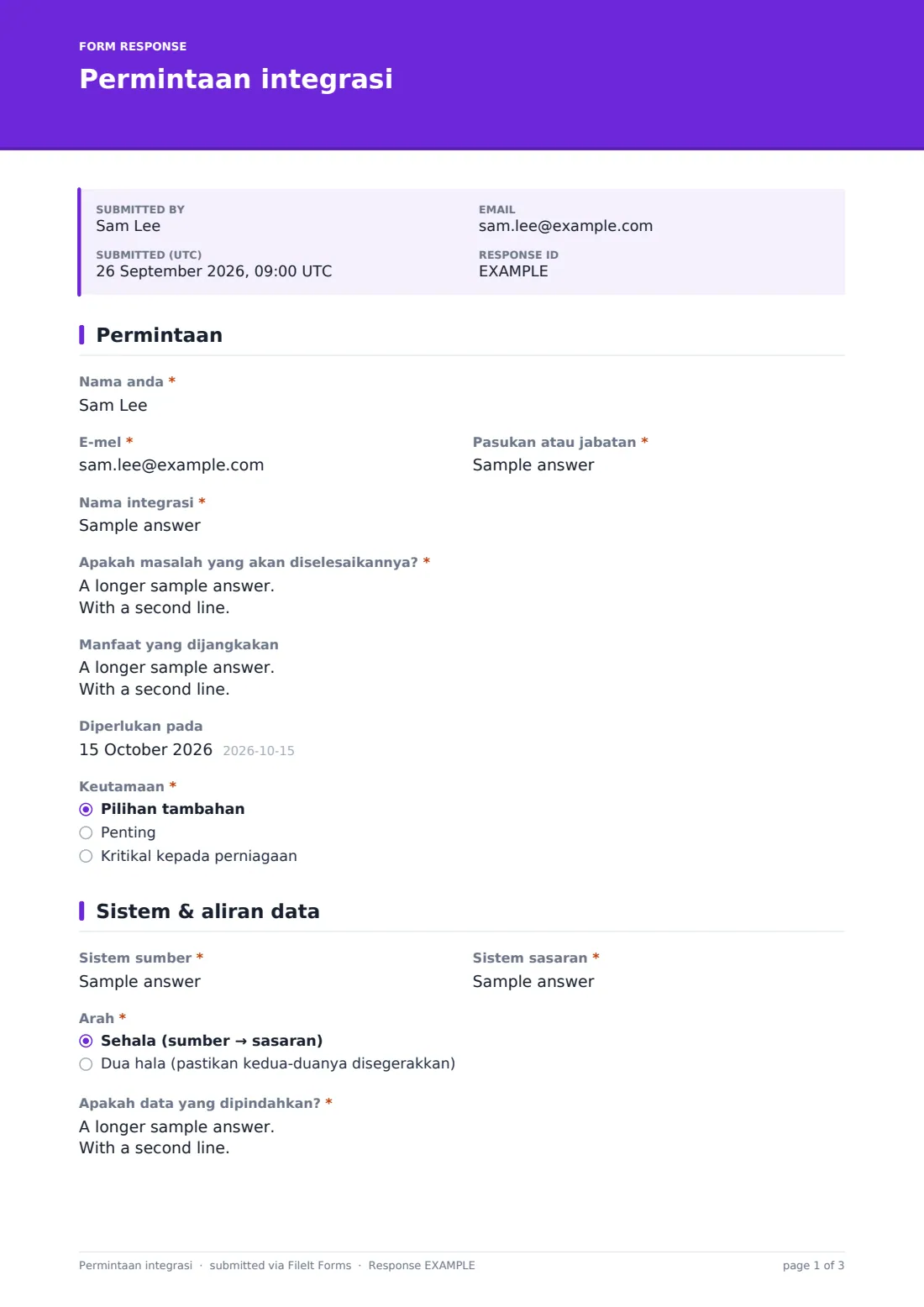 Permintaan integrasi — PDF respons contoh, halaman 1 daripada 3