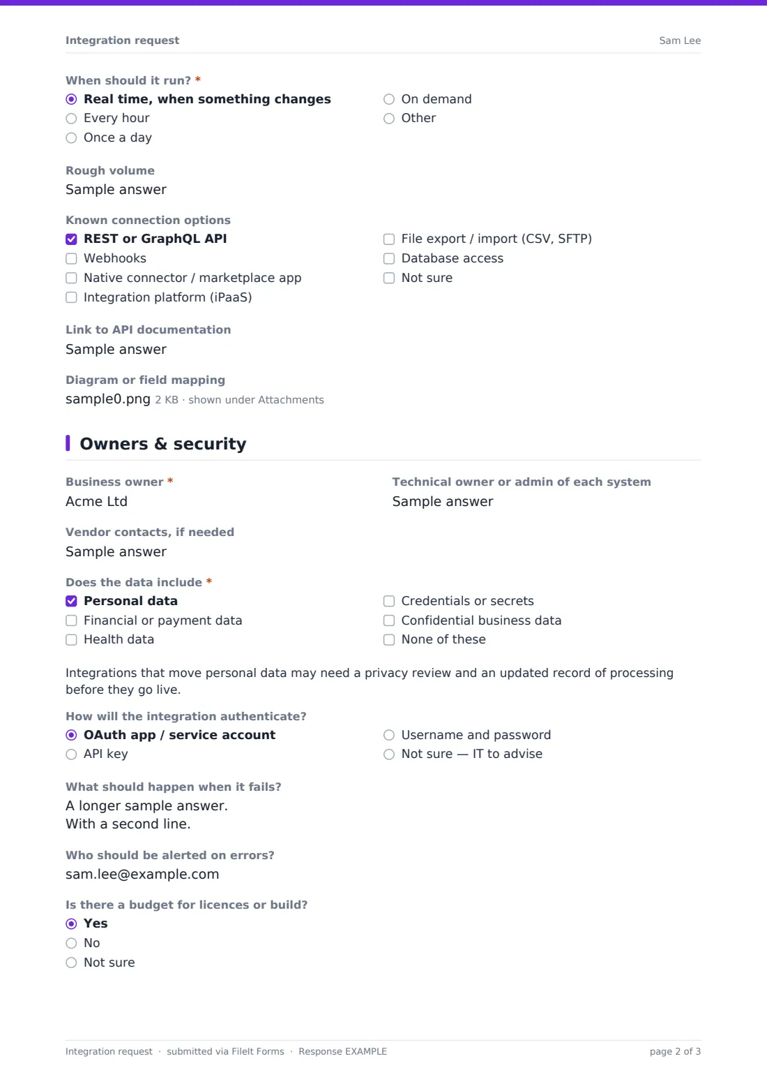 Integration request — example response PDF, page 2 of 3