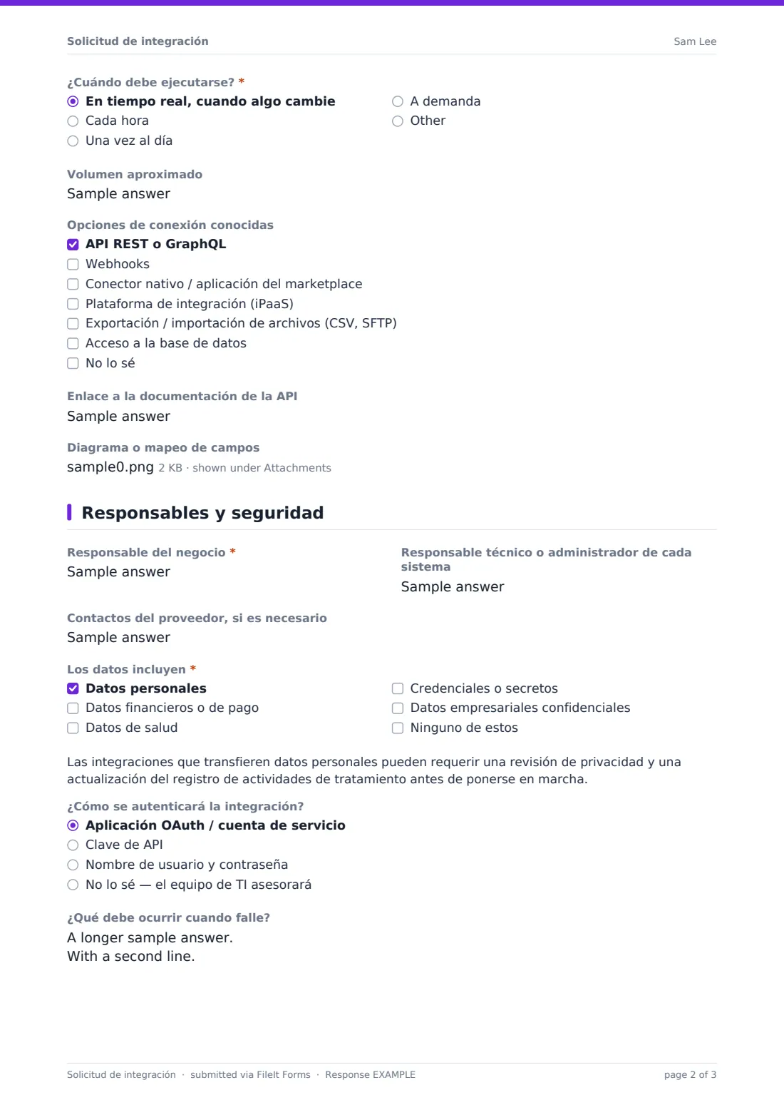 Solicitud de integración — PDF de respuesta de ejemplo, página 2 de 3