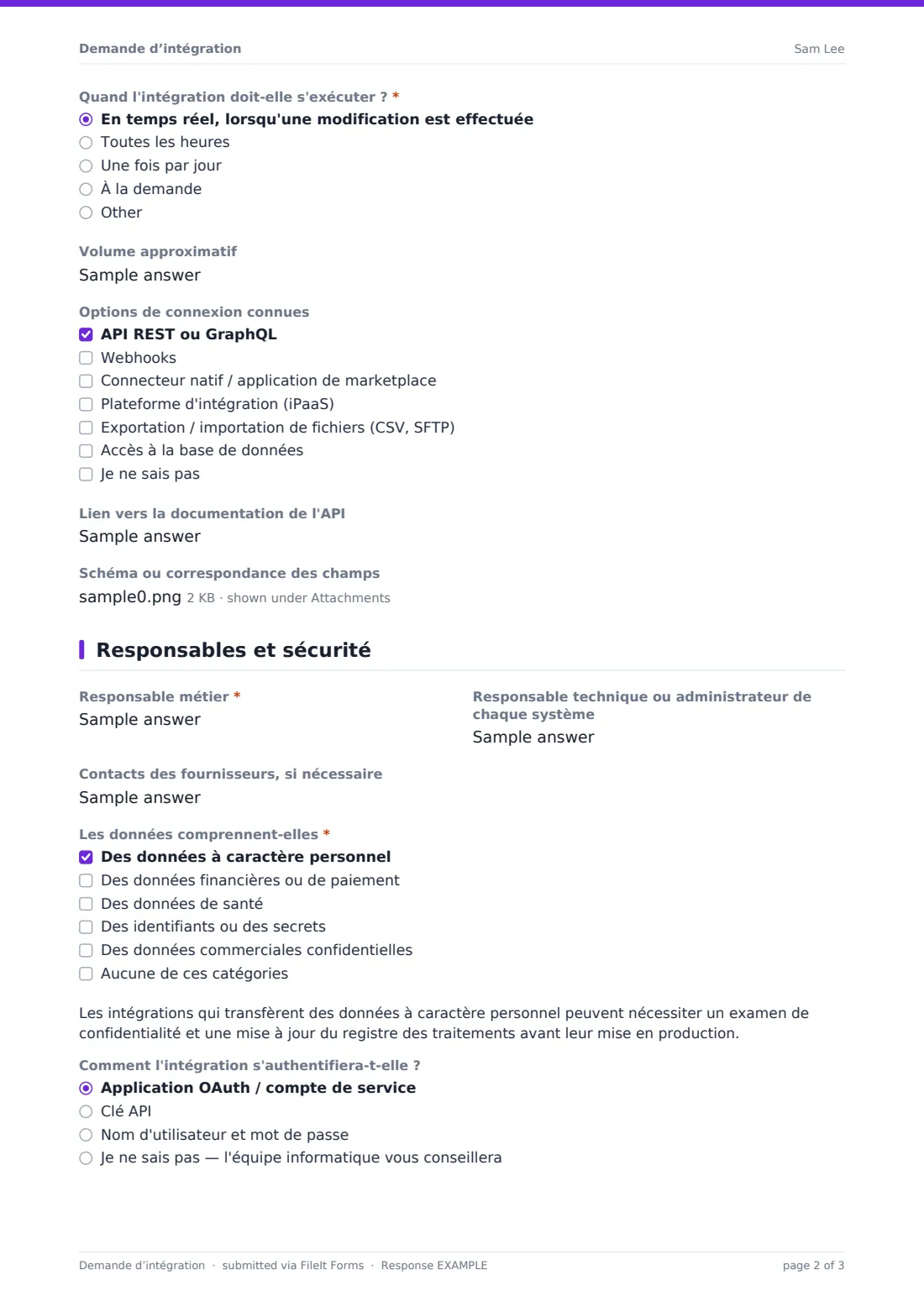 Demande d’intégration — exemple de réponse au format PDF, page 2 sur 3