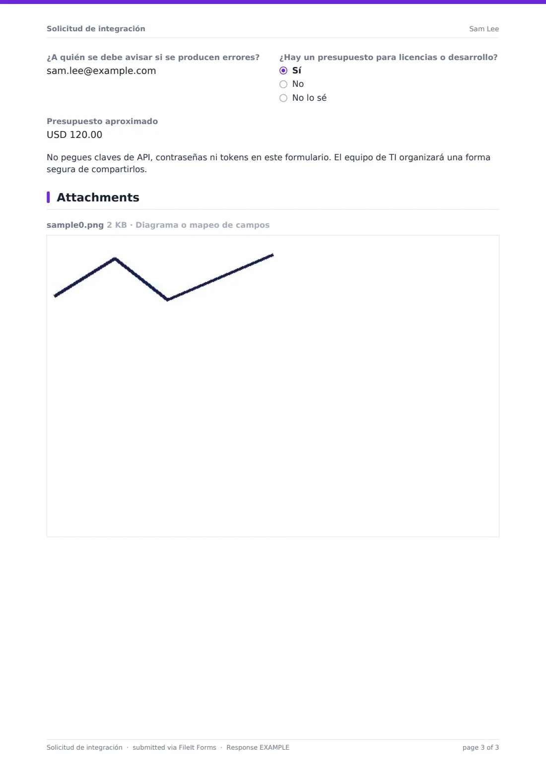 Solicitud de integración — PDF de respuesta de ejemplo, página 3 de 3