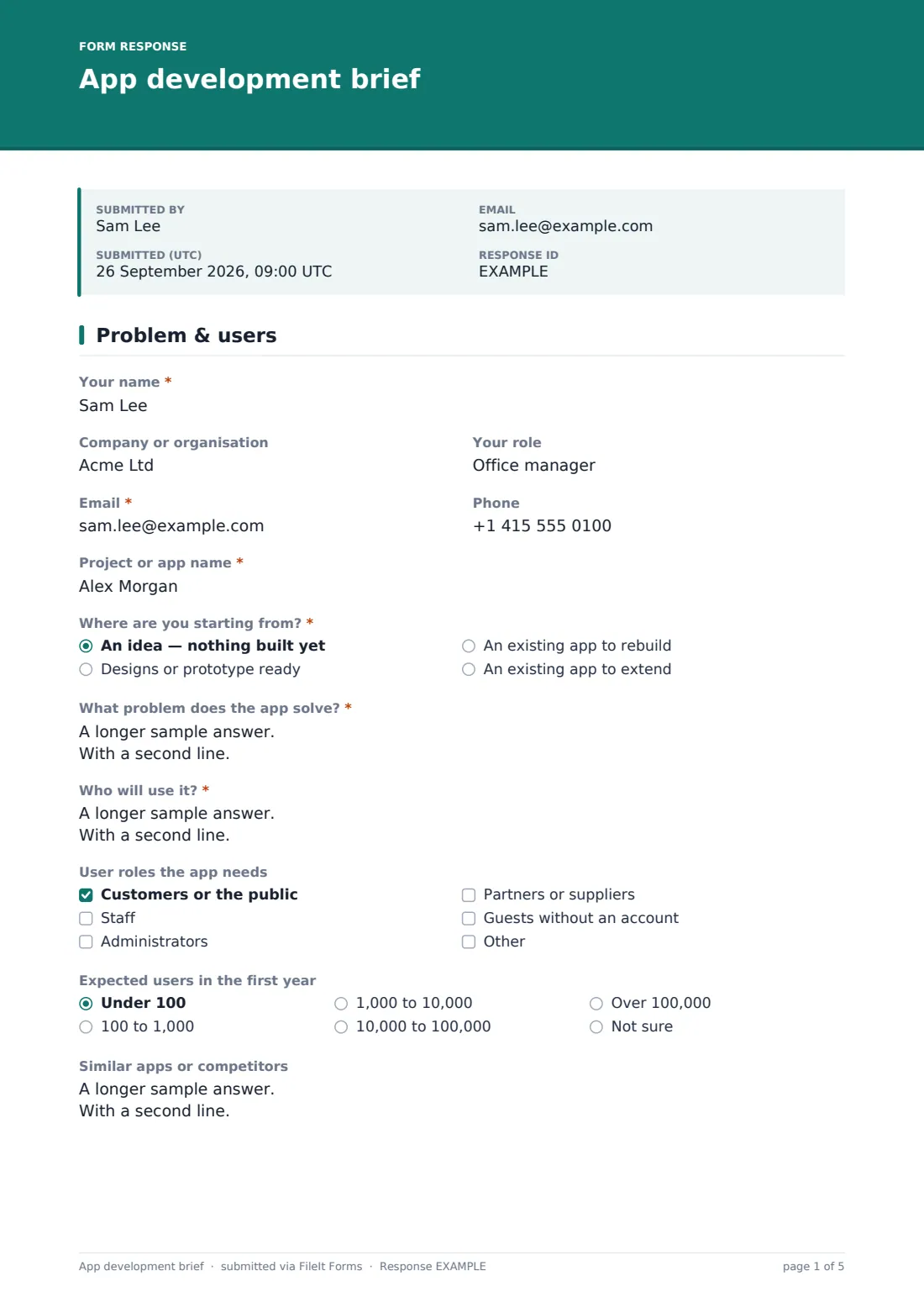 App development brief — example response PDF, page 1 of 5