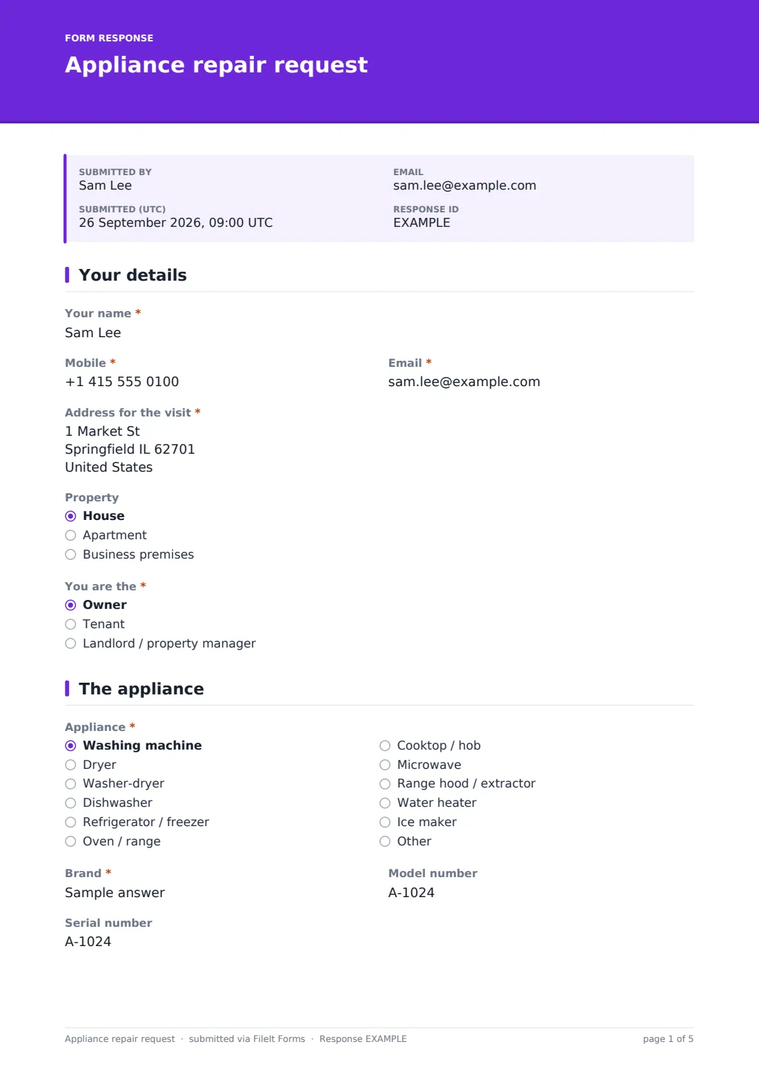 Appliance repair request — example response PDF, page 1 of 5
