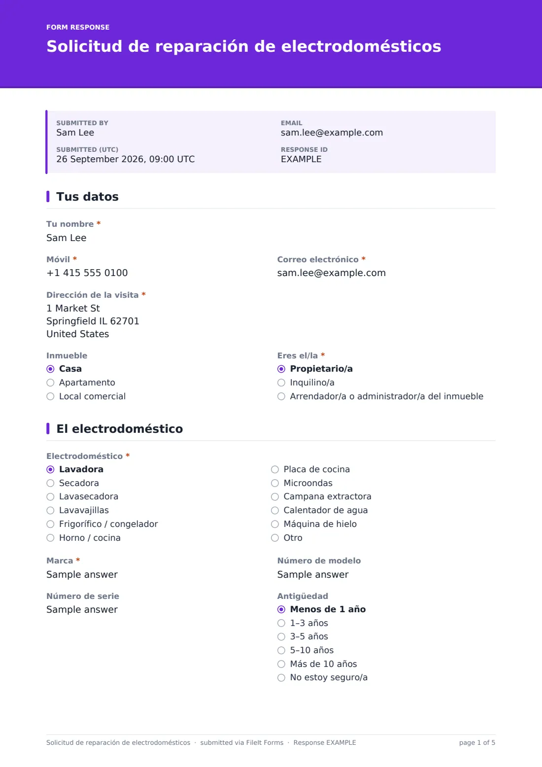 Solicitud de reparación de electrodomésticos — PDF de respuesta de ejemplo, página 1 de 5