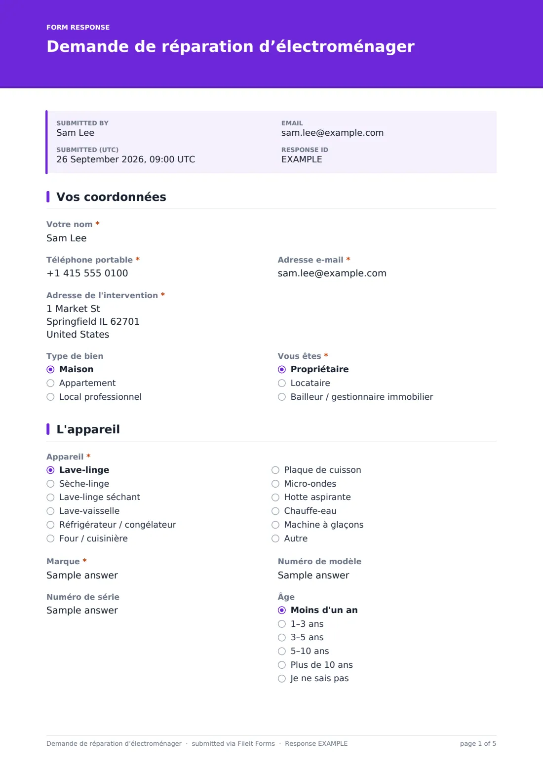 Demande de réparation d’électroménager — exemple de réponse au format PDF, page 1 sur 5