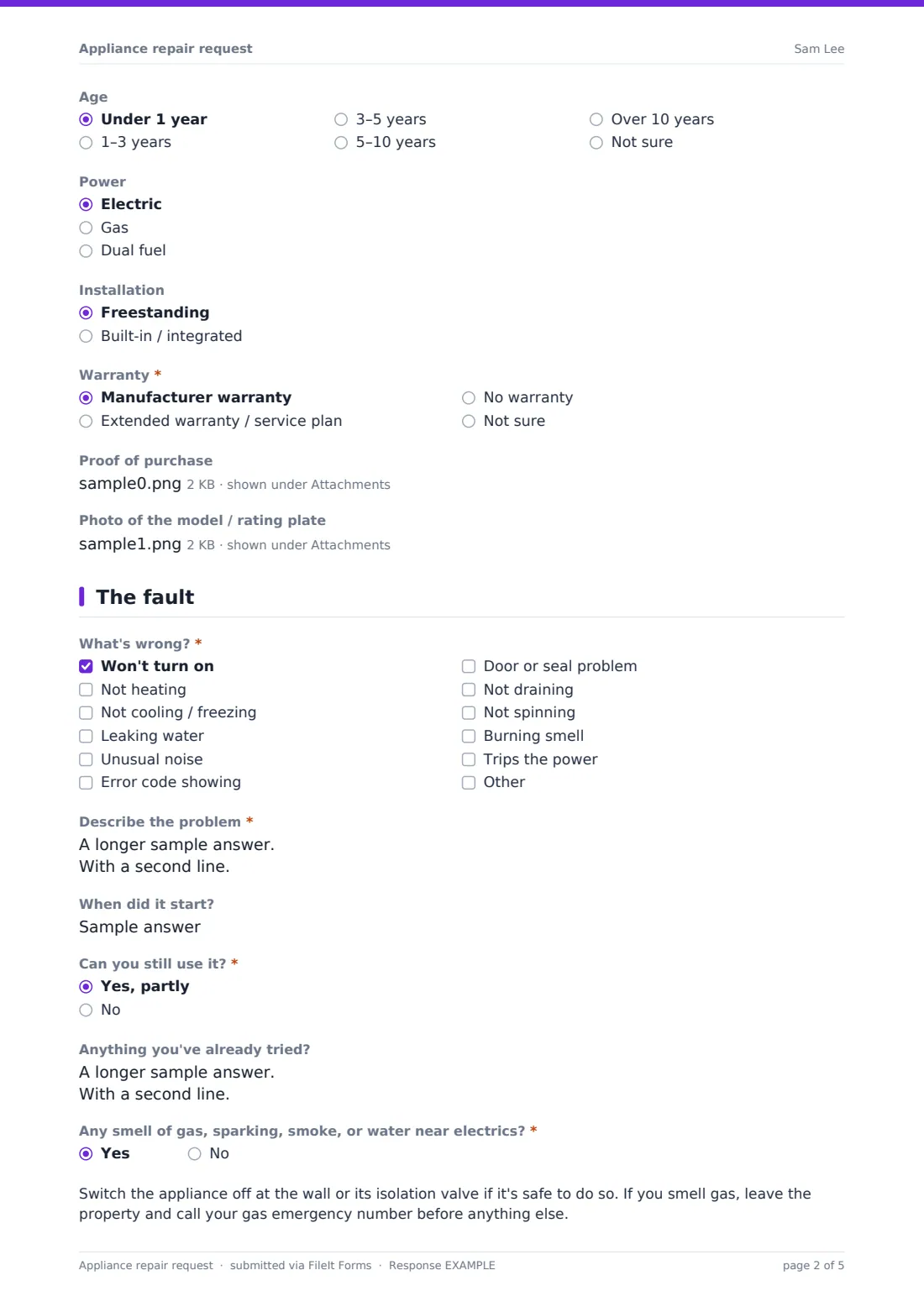 Appliance repair request — example response PDF, page 2 of 5