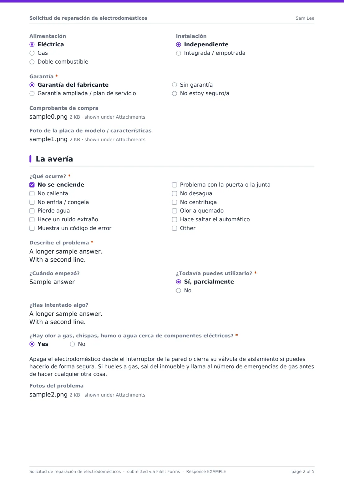 Solicitud de reparación de electrodomésticos — PDF de respuesta de ejemplo, página 2 de 5