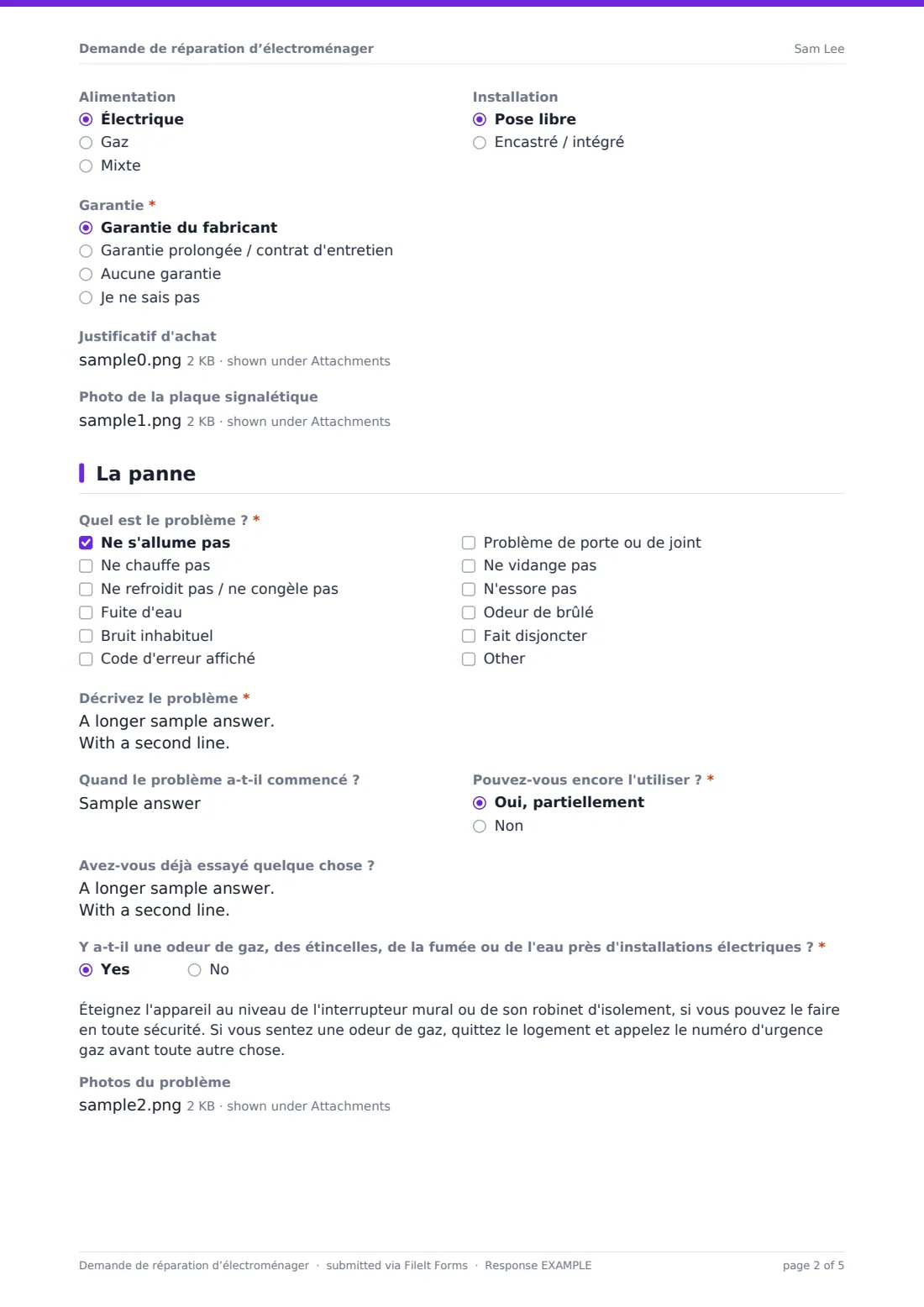 Demande de réparation d’électroménager — exemple de réponse au format PDF, page 2 sur 5