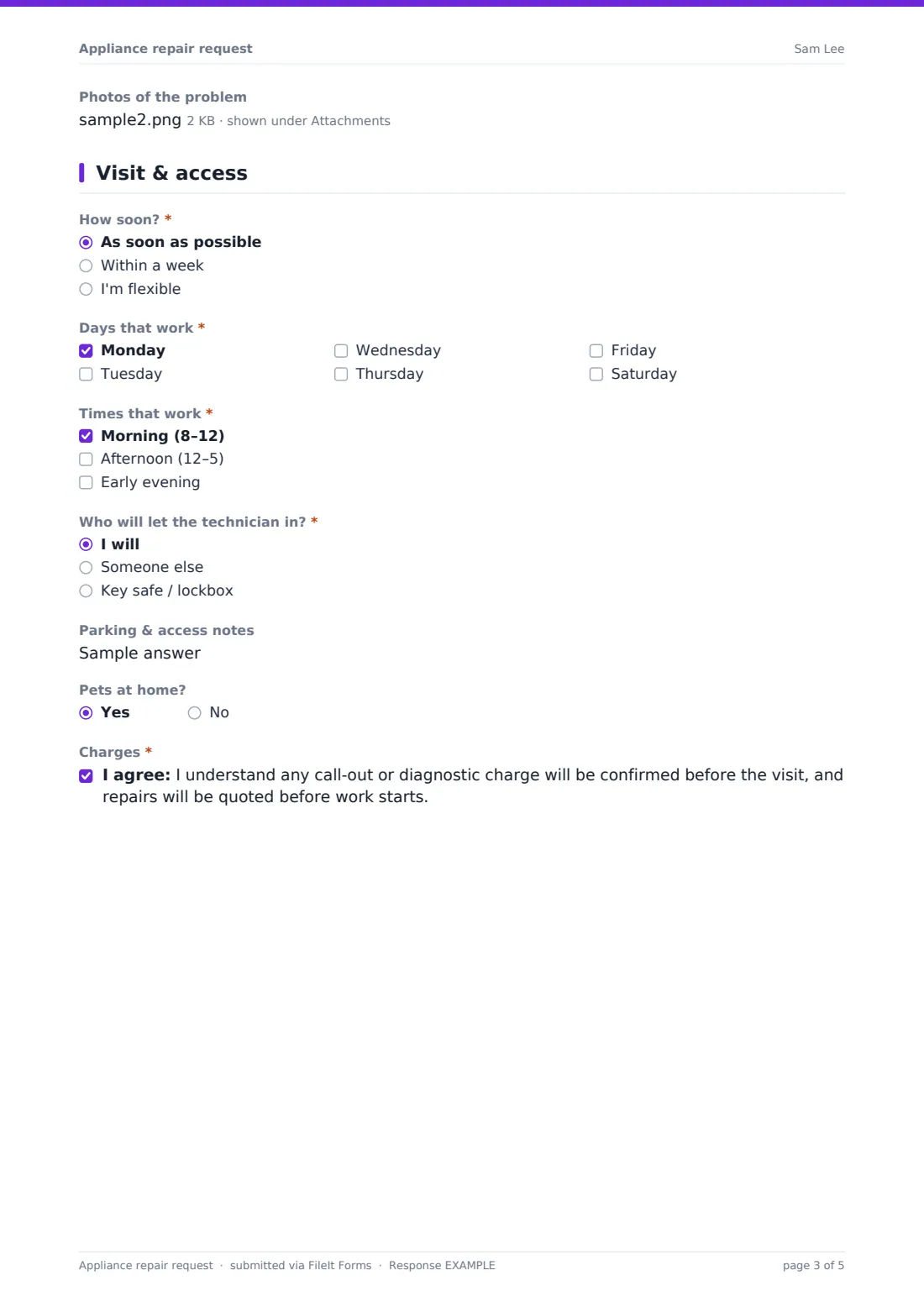 Appliance repair request — example response PDF, page 3 of 5