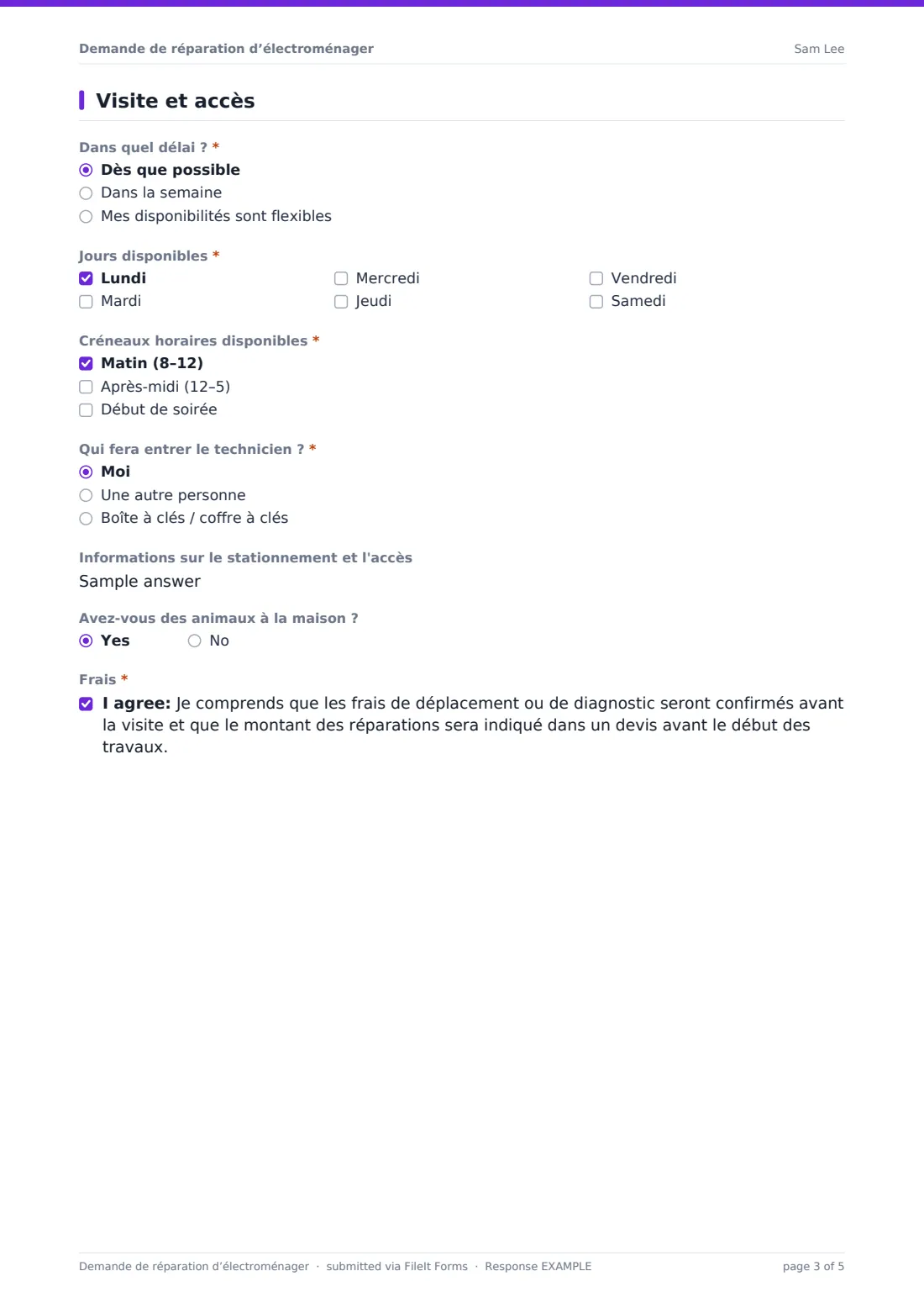 Demande de réparation d’électroménager — exemple de réponse au format PDF, page 3 sur 5