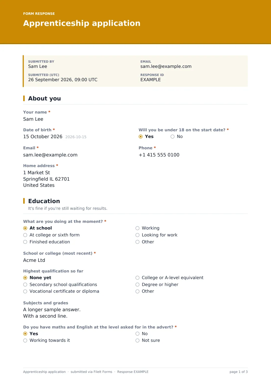 Apprenticeship application — example response PDF, page 1 of 3