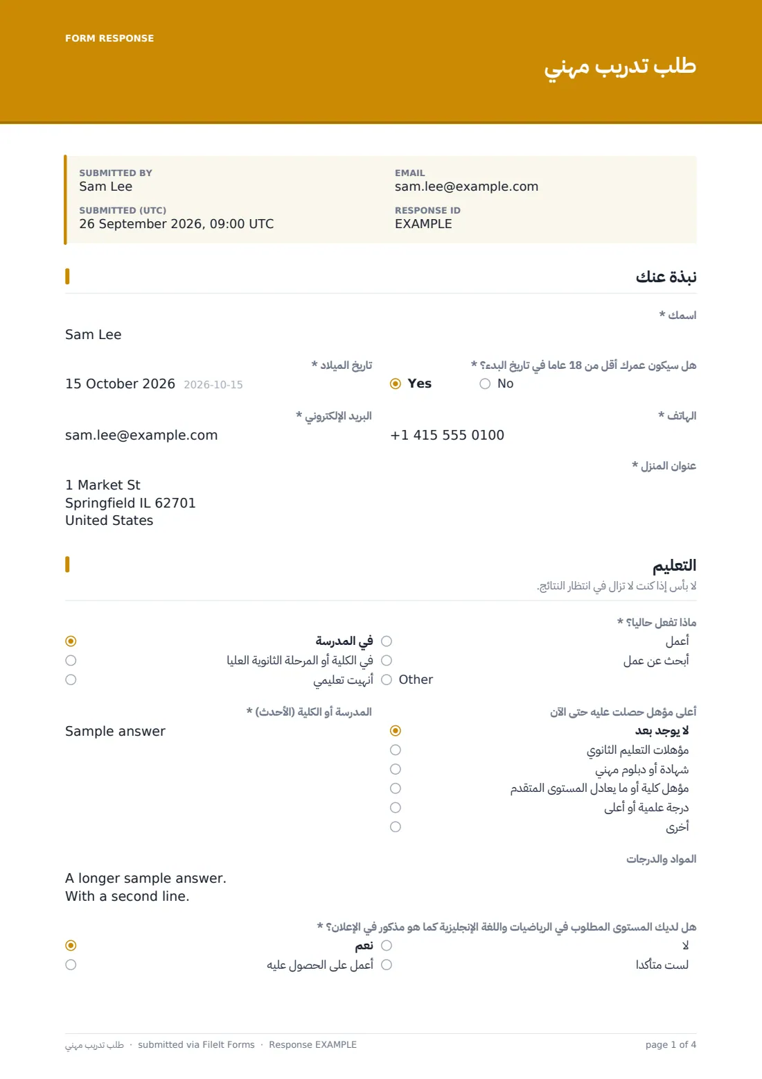 طلب تدريب مهني — ملف PDF لرد نموذجي، الصفحة 1 من 4
