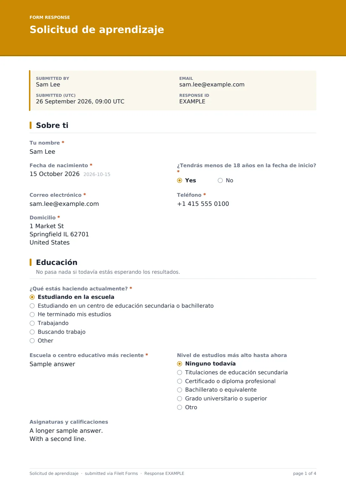 Solicitud de aprendizaje — PDF de respuesta de ejemplo, página 1 de 4
