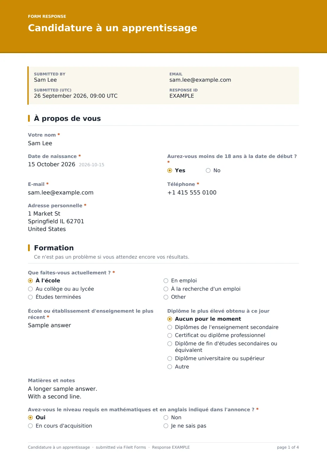 Candidature à un apprentissage — exemple de réponse au format PDF, page 1 sur 4
