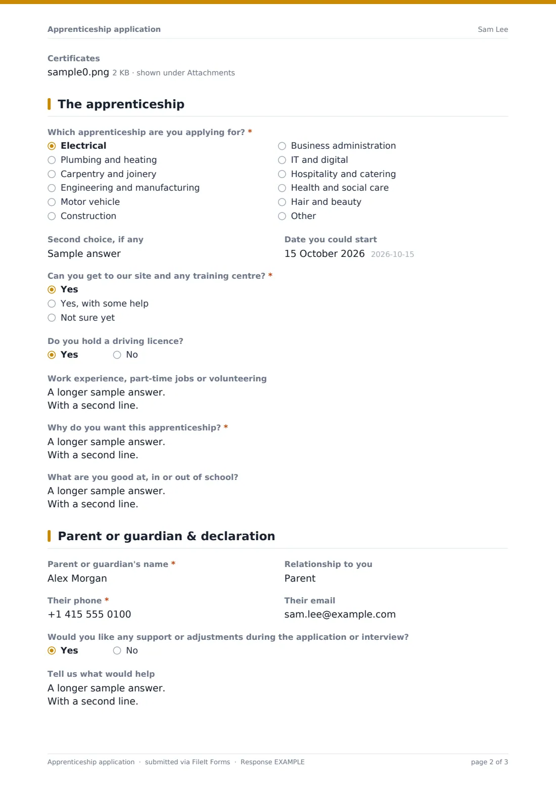 Apprenticeship application — example response PDF, page 2 of 3
