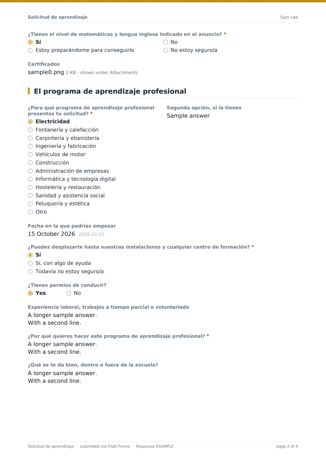 Solicitud de aprendizaje — PDF de respuesta de ejemplo, página 2 de 4
