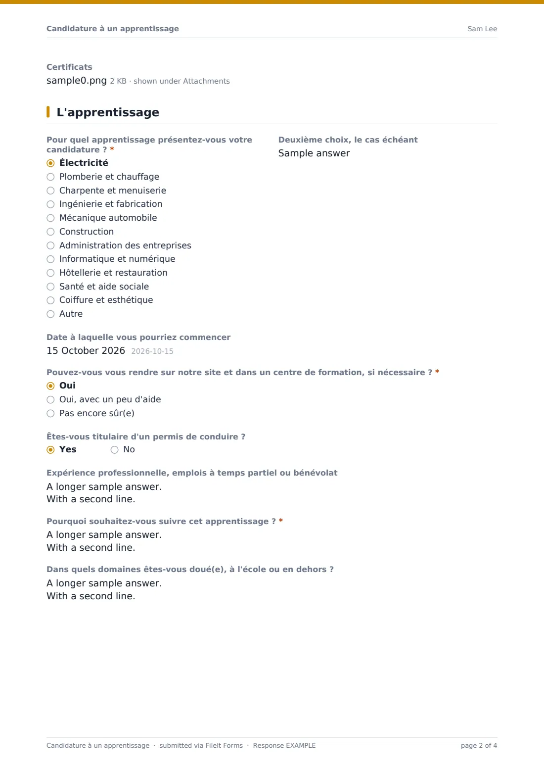 Candidature à un apprentissage — exemple de réponse au format PDF, page 2 sur 4