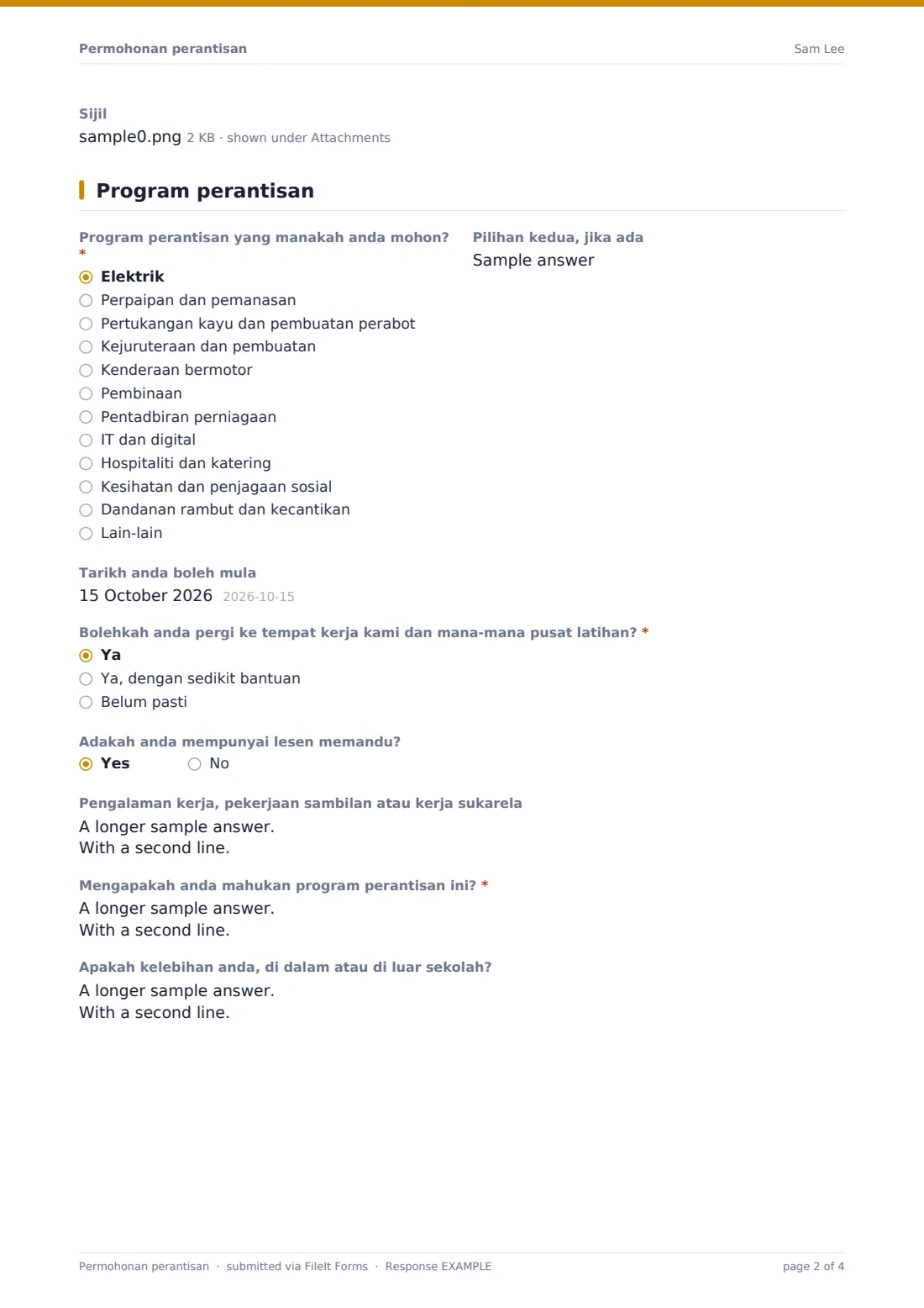 Permohonan perantisan — PDF respons contoh, halaman 2 daripada 4