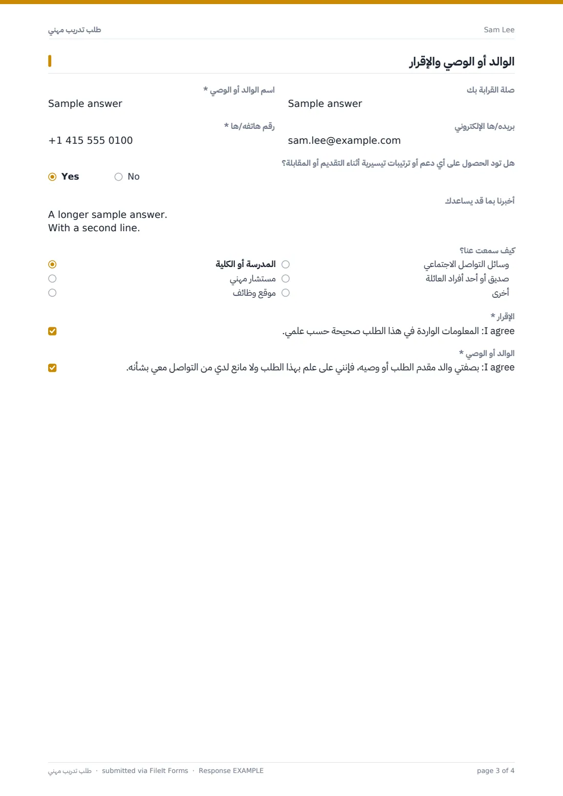 طلب تدريب مهني — ملف PDF لرد نموذجي، الصفحة 3 من 4