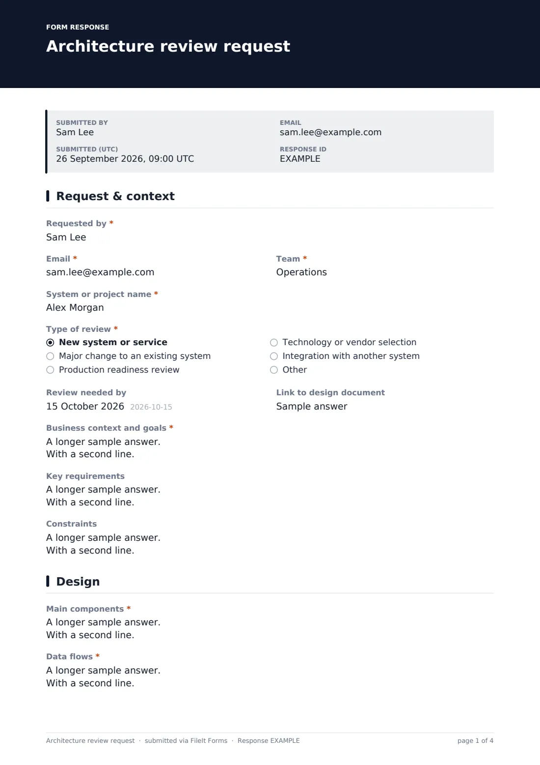 Architecture review request — example response PDF, page 1 of 4