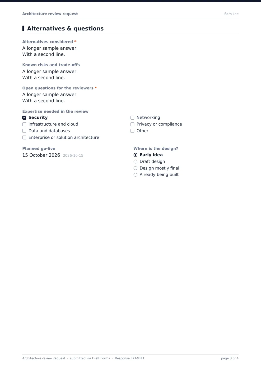 Architecture review request — example response PDF, page 3 of 4