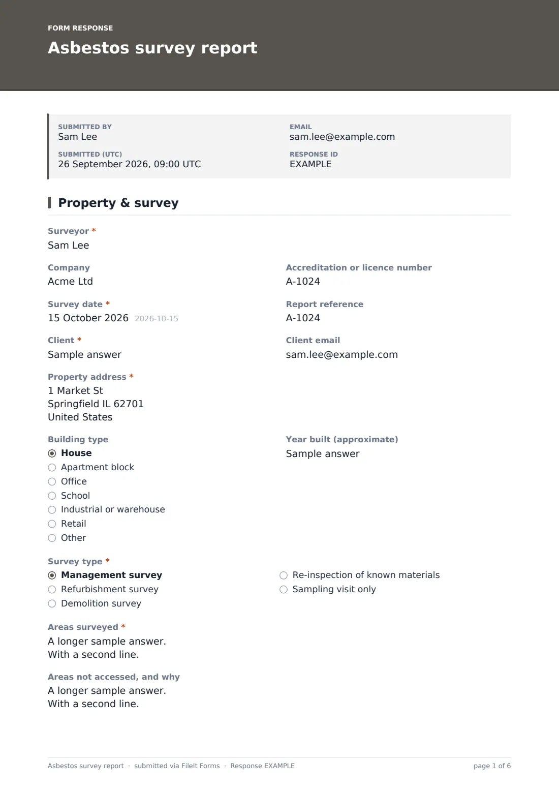 Asbestos survey report — example response PDF, page 1 of 6