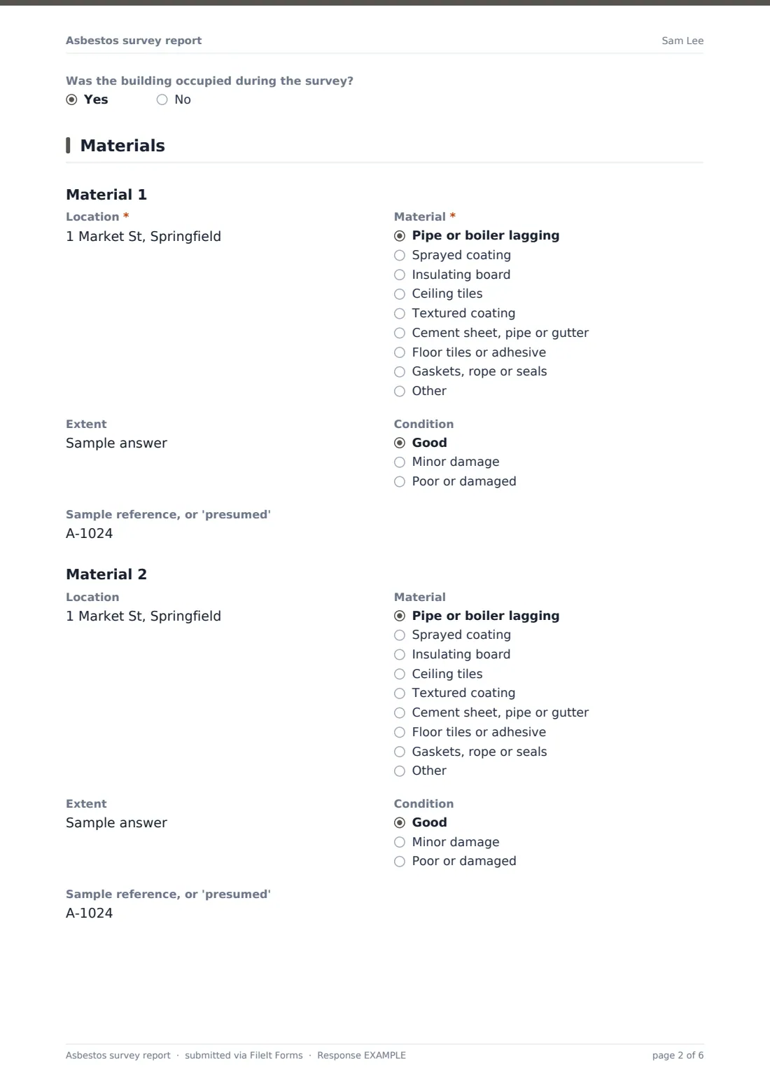 Asbestos survey report — example response PDF, page 2 of 6