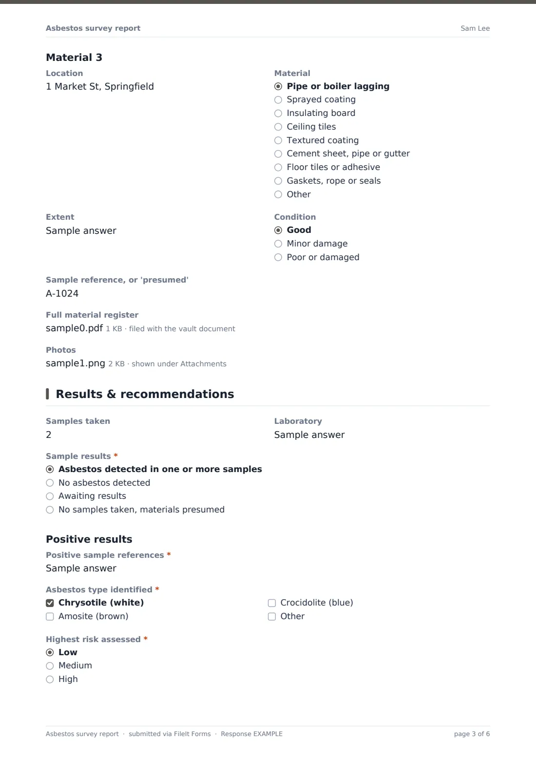 Asbestos survey report — example response PDF, page 3 of 6