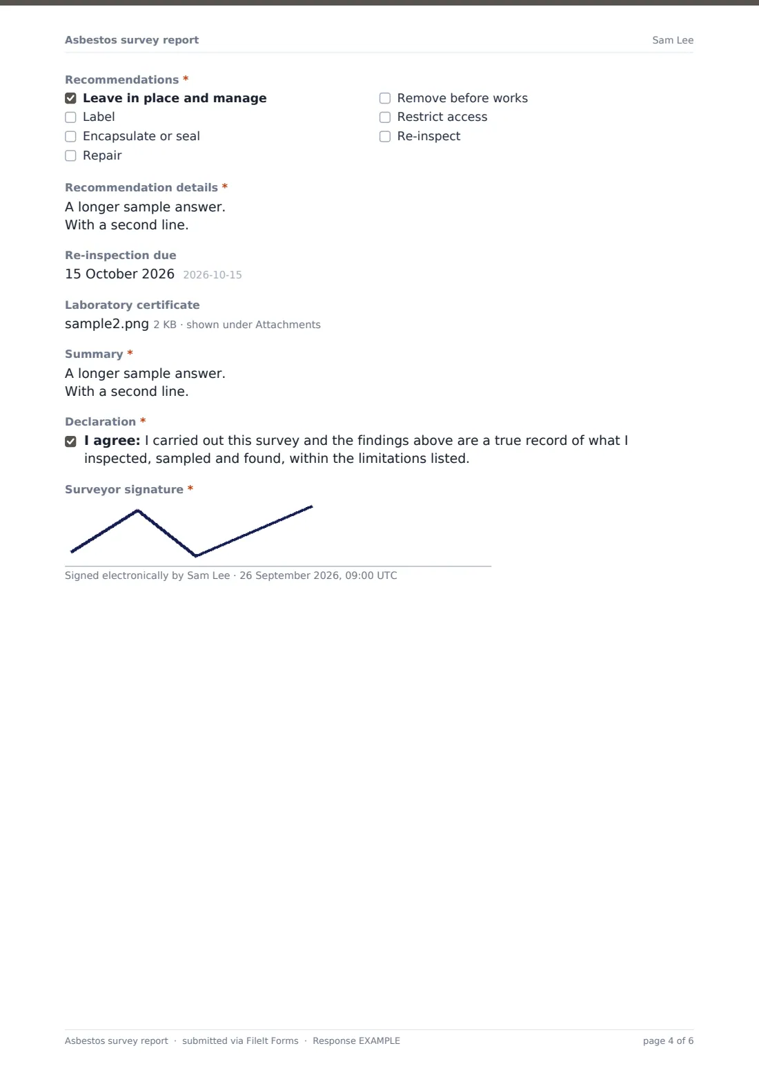 Asbestos survey report — example response PDF, page 4 of 6