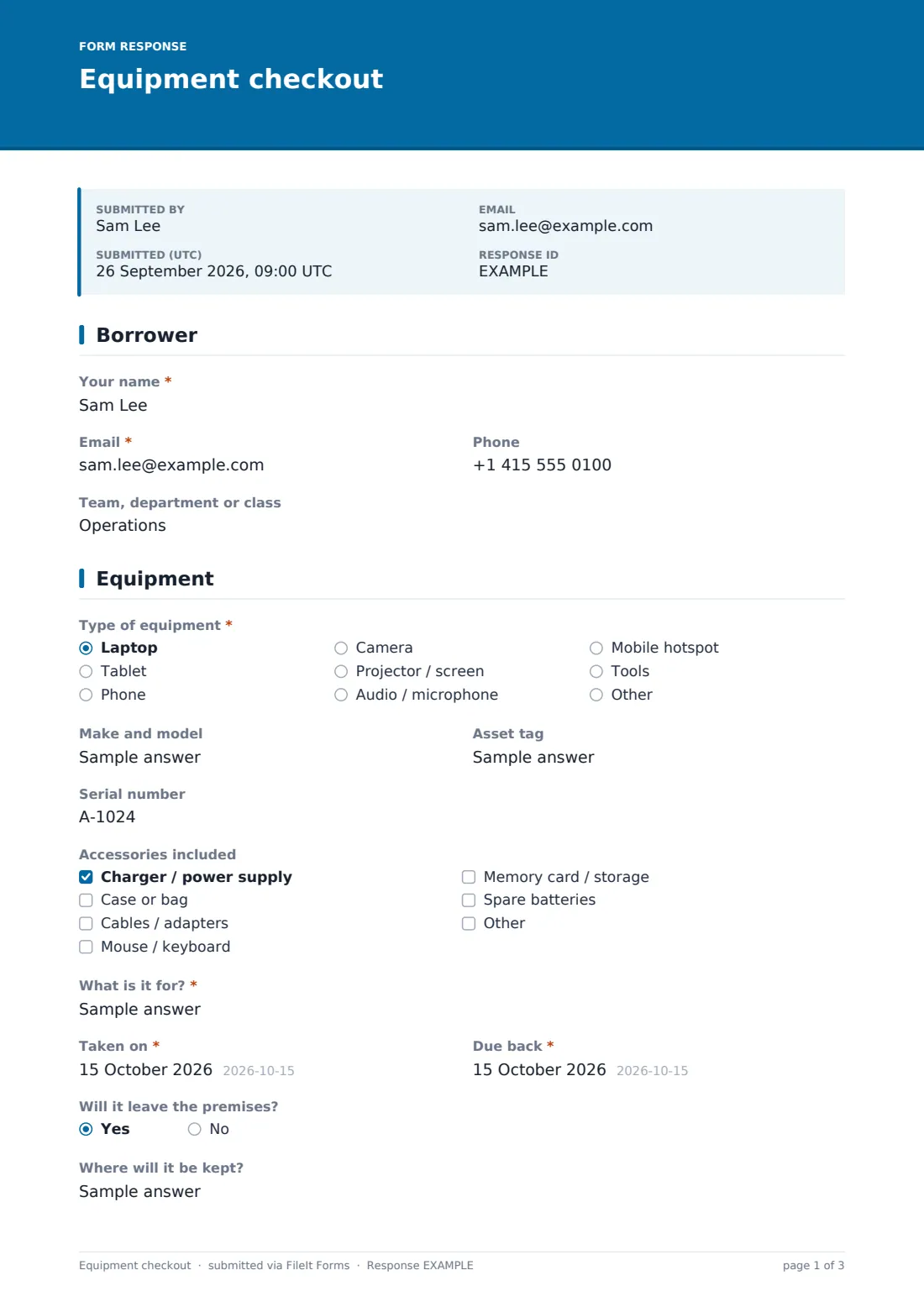 Equipment checkout — example response PDF, page 1 of 3