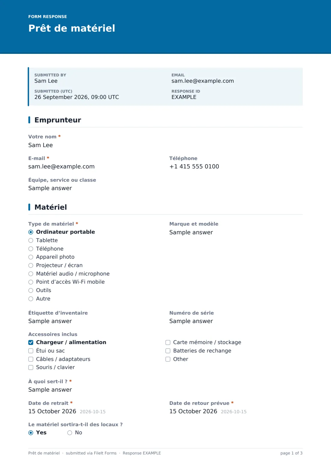 Prêt de matériel — exemple de réponse au format PDF, page 1 sur 3