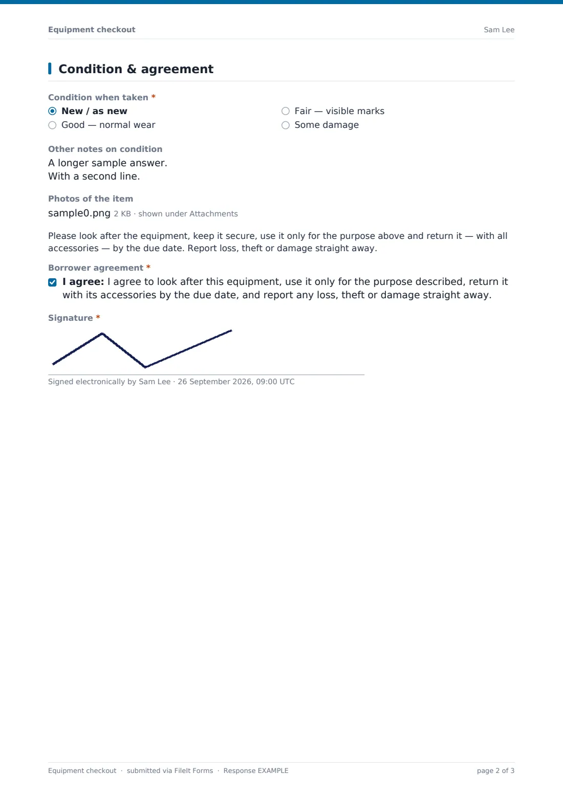 Equipment checkout — example response PDF, page 2 of 3