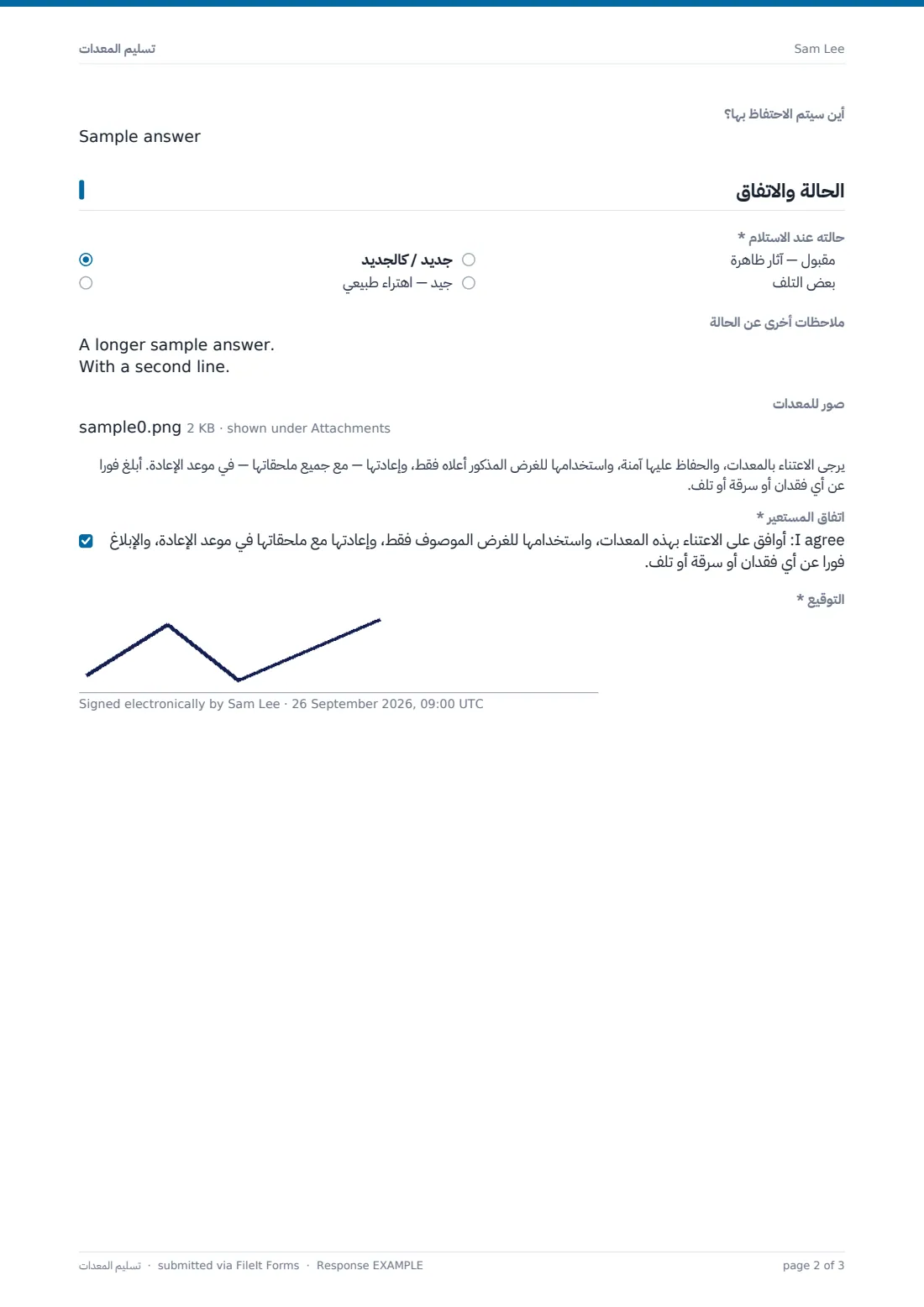 تسليم المعدات — ملف PDF لرد نموذجي، الصفحة 2 من 3