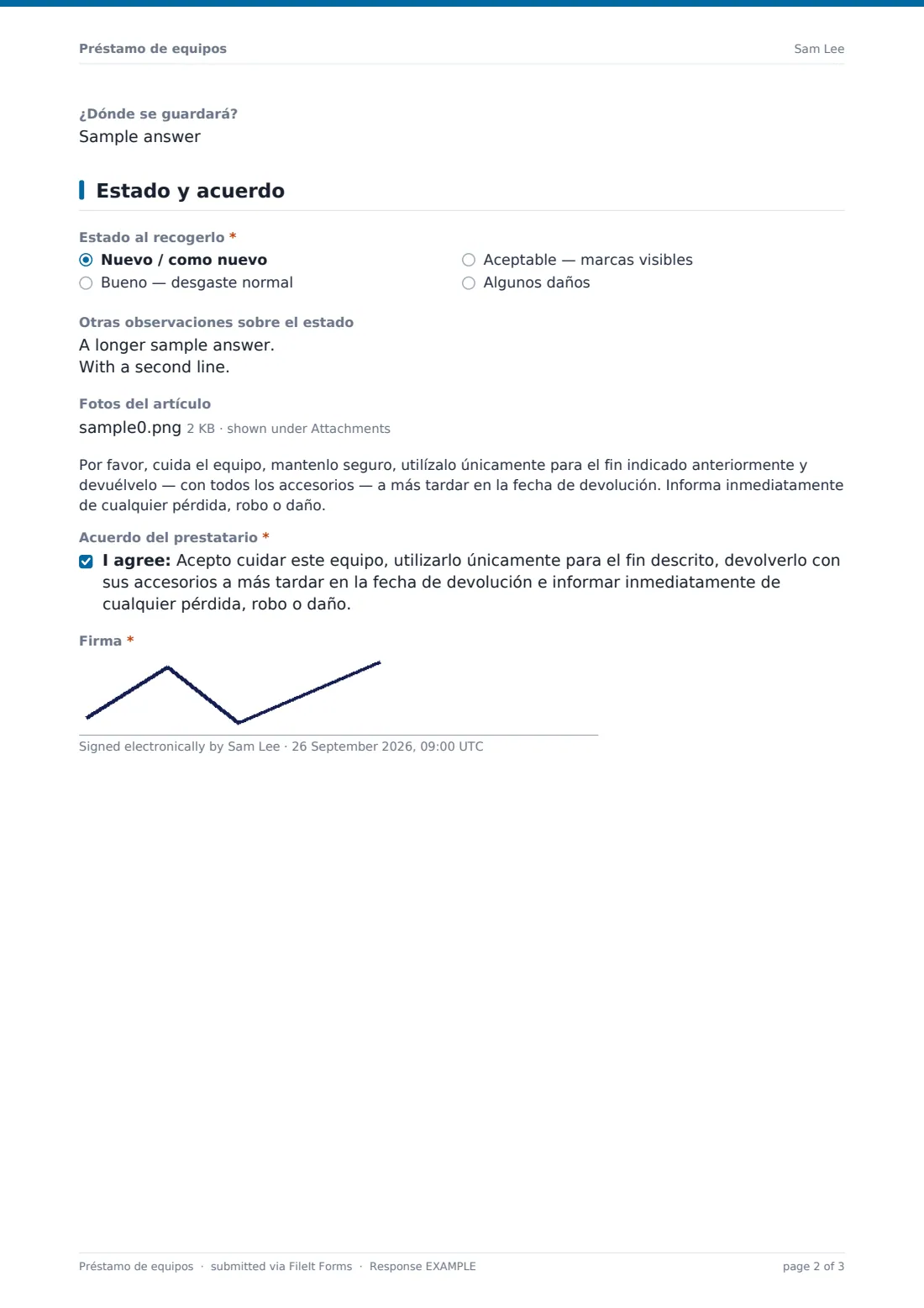 Préstamo de equipos — PDF de respuesta de ejemplo, página 2 de 3