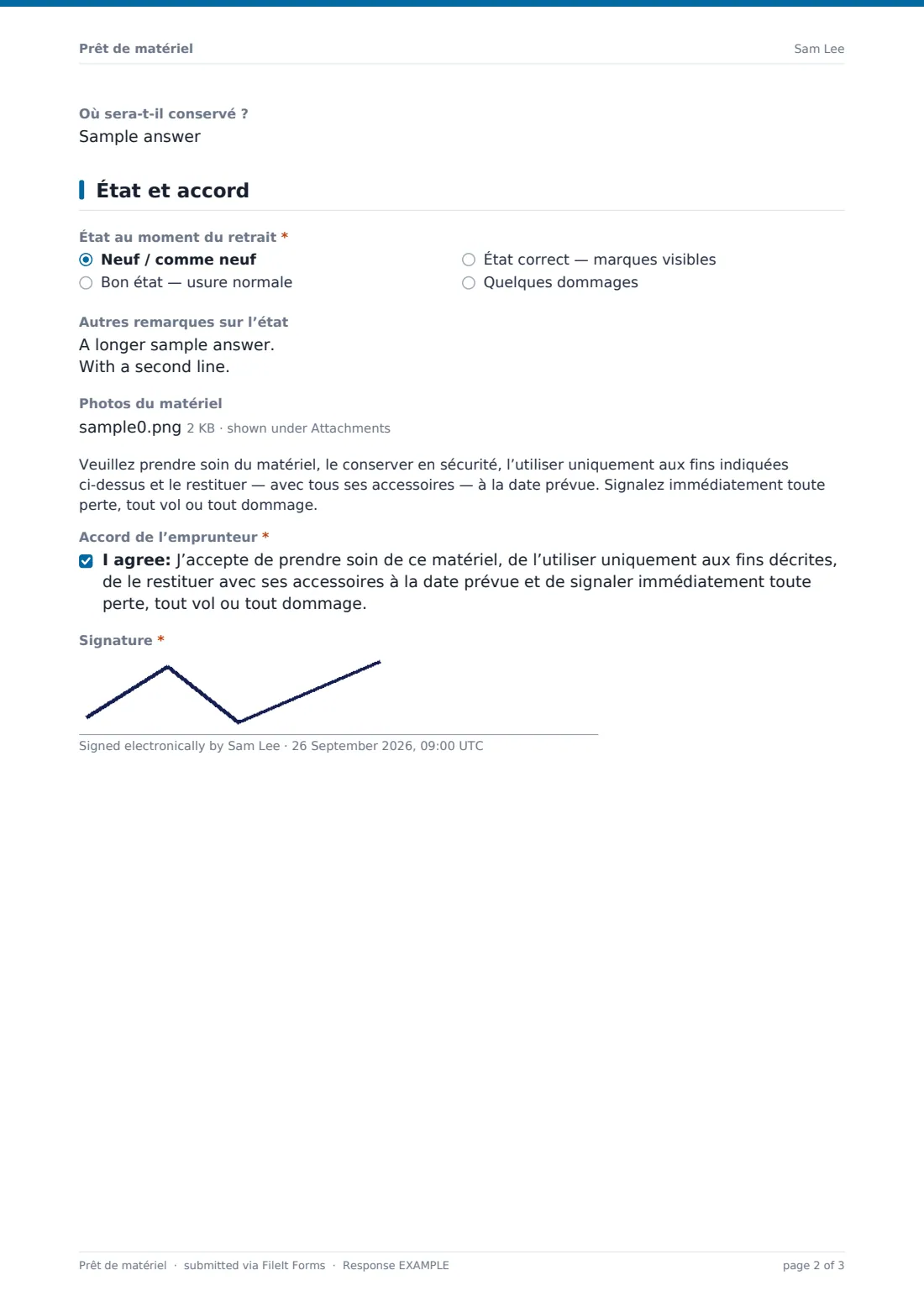 Prêt de matériel — exemple de réponse au format PDF, page 2 sur 3