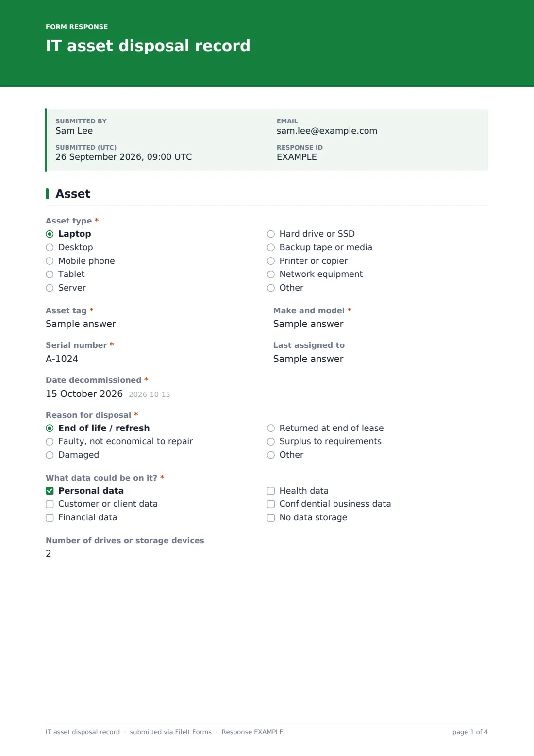 IT asset disposal record — example response PDF, page 1 of 4