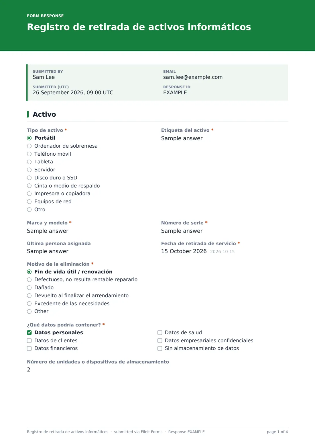 Registro de retirada de activos informáticos — PDF de respuesta de ejemplo, página 1 de 4