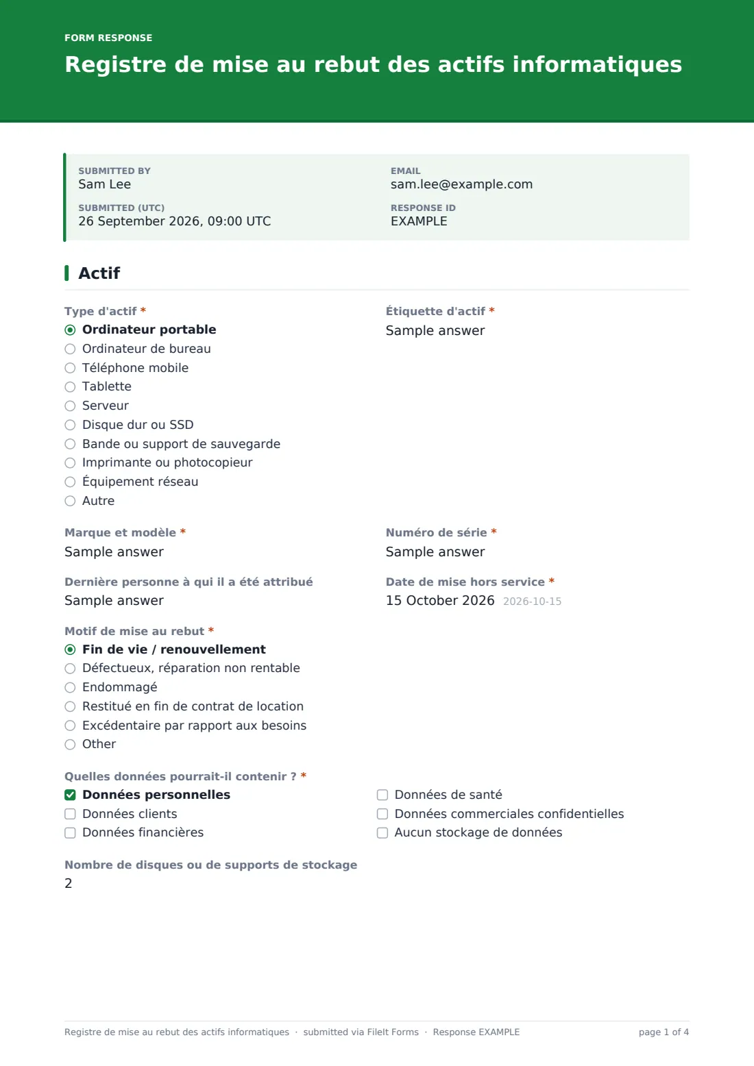 Registre de mise au rebut des actifs informatiques — exemple de réponse au format PDF, page 1 sur 4