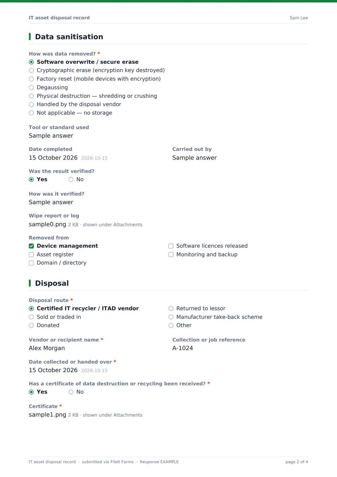IT asset disposal record — example response PDF, page 2 of 4