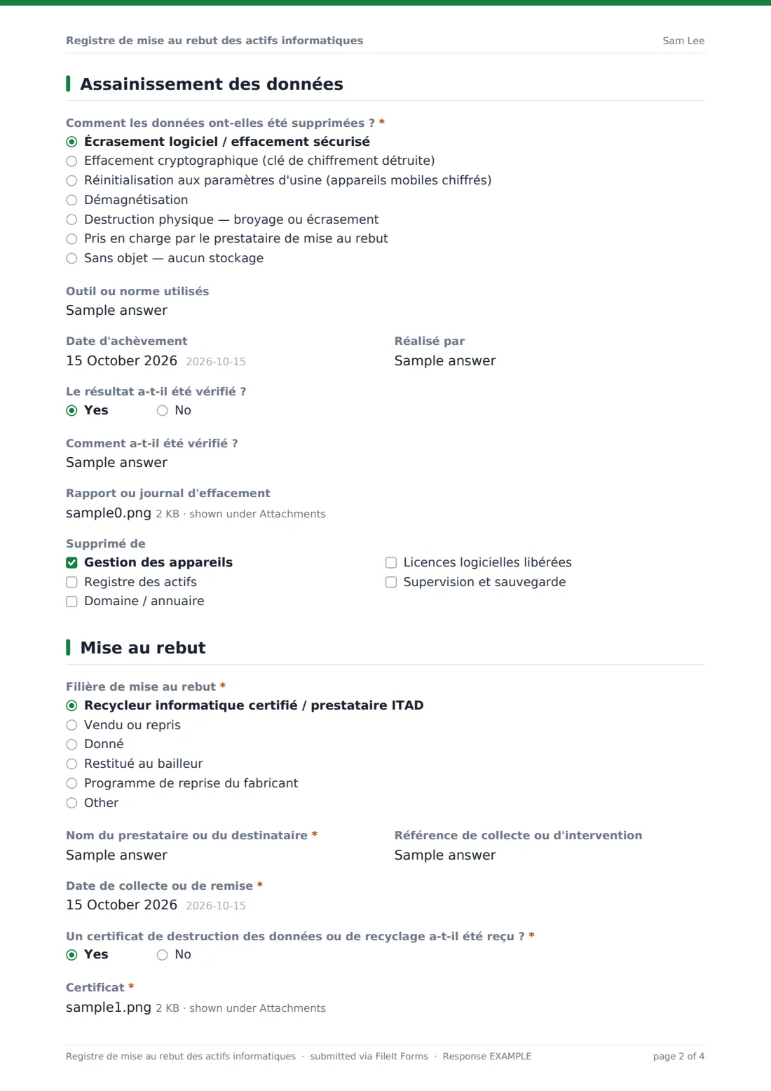 Registre de mise au rebut des actifs informatiques — exemple de réponse au format PDF, page 2 sur 4
